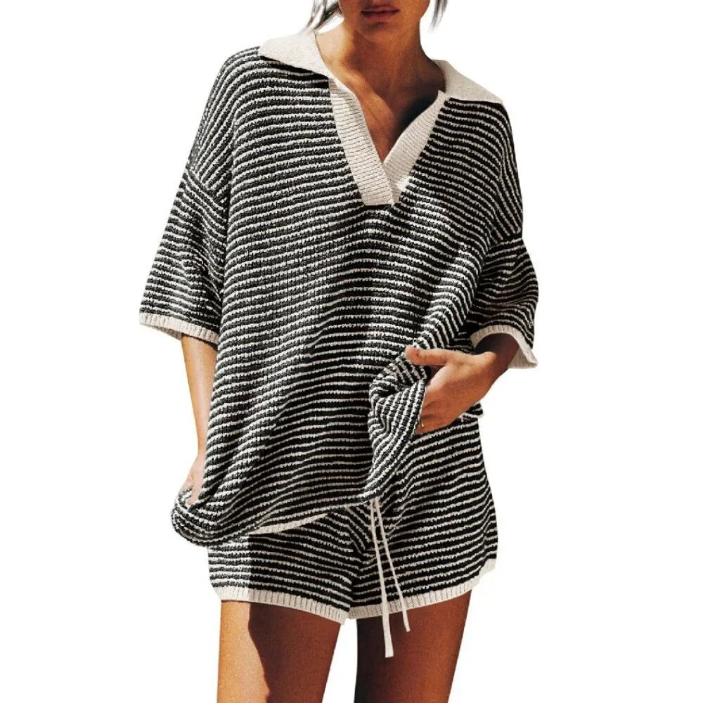 Oversized 3/4 Sleeve V-Neck Sweater Set with High Waisted Shorts